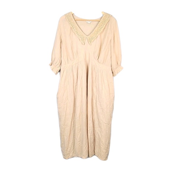 April Cornell Midi Dress Beige Cotton Lace Collar Puff Sleeve Empire Waist 2XL - Picture 1 of 11